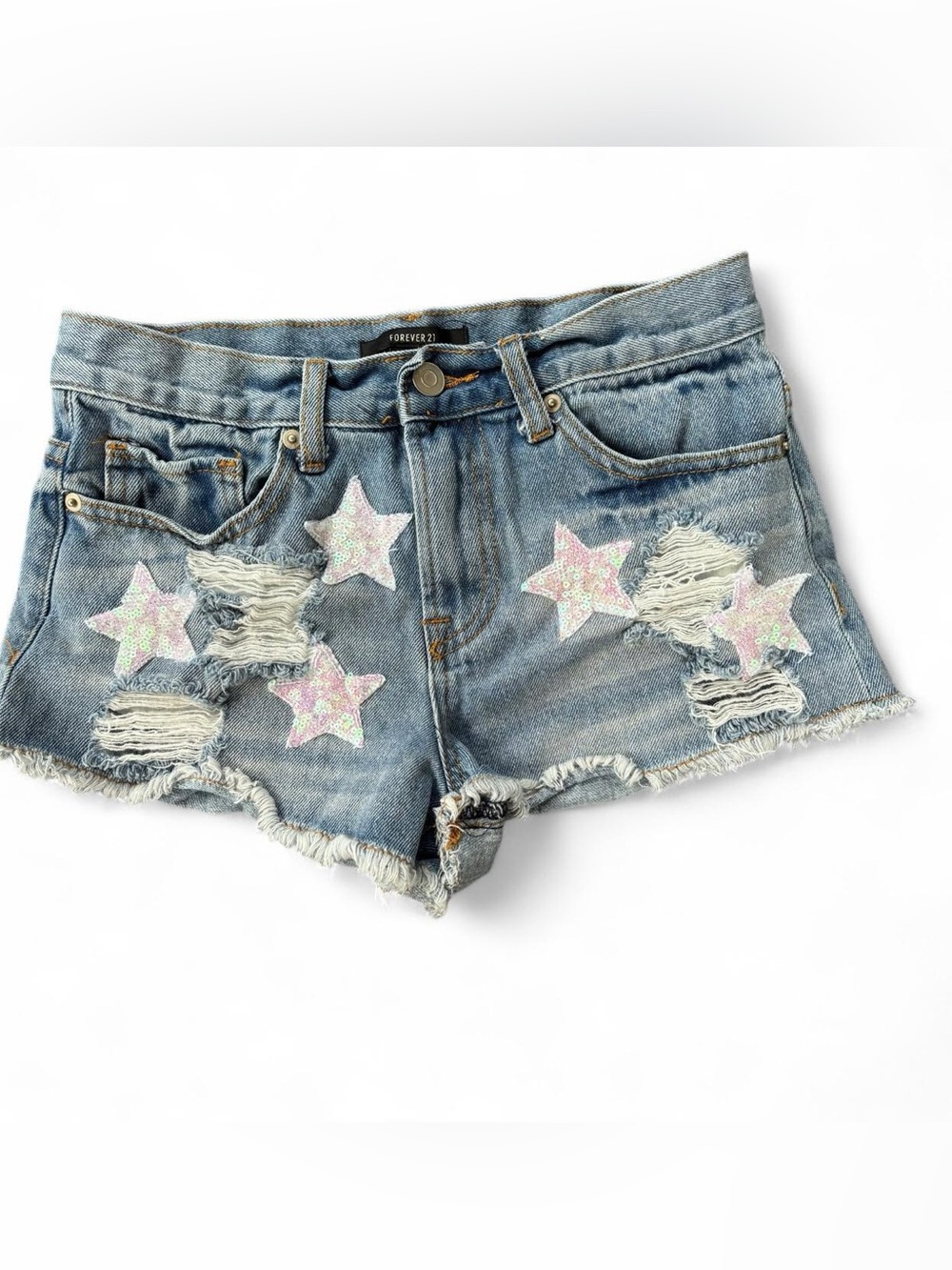 Forever 21 star sequin distressed denim shorts size XS